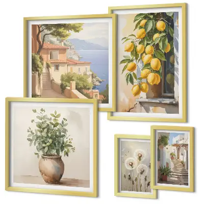 Galeria de quadros para parede com toques cítricos em estilo mediterrâneo