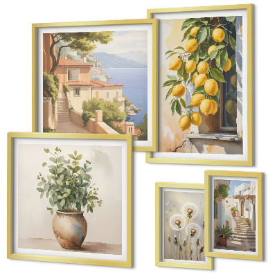 Parede galeria de quadros Toques cítricos em estilo mediterrâneo