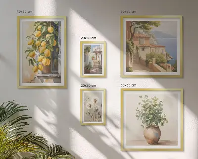 Galeria de quadros para parede com toques cítricos em estilo mediterrâneo