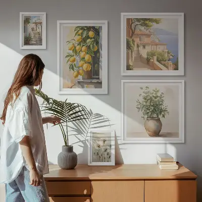 Galeria de quadros para parede com toques cítricos em estilo mediterrâneo