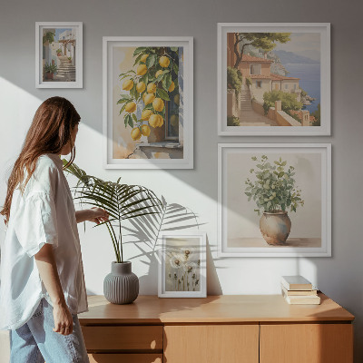 Parede galeria de quadros Toques cítricos em estilo mediterrâneo