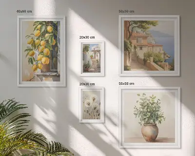 Galeria de quadros para parede com toques cítricos em estilo mediterrâneo