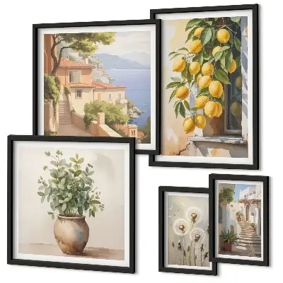 Galeria de quadros para parede com toques cítricos em estilo mediterrâneo