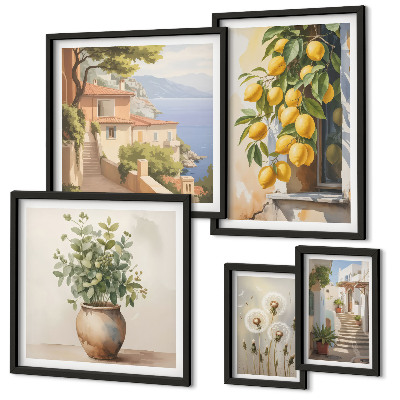 Parede galeria de quadros Toques cítricos em estilo mediterrâneo