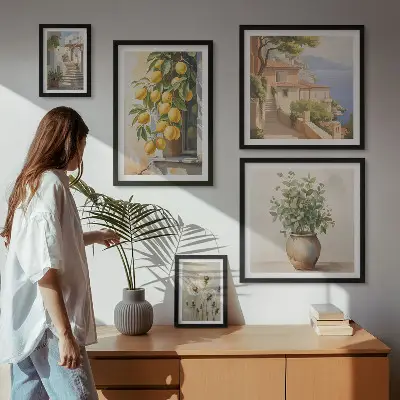 Galeria de quadros para parede com toques cítricos em estilo mediterrâneo