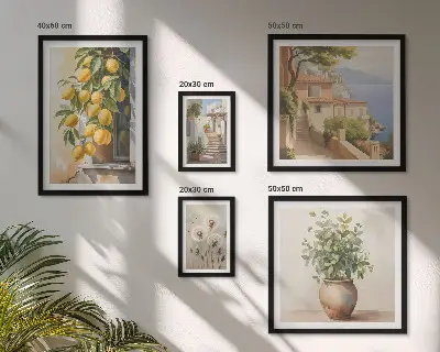 Galeria de quadros para parede com toques cítricos em estilo mediterrâneo