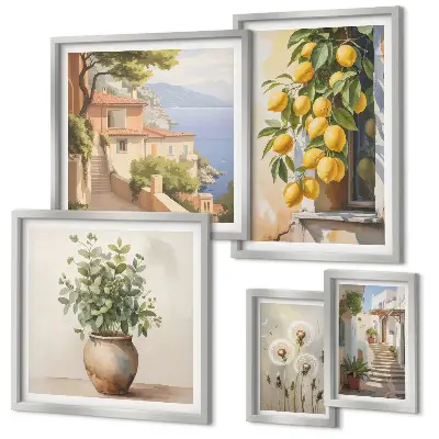 Galeria de quadros para parede com toques cítricos em estilo mediterrâneo