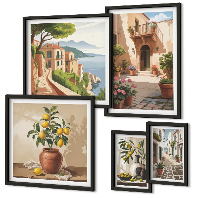 Conjunto de 5 quadros com moldura Flores de rua em estilo mediterrâneo