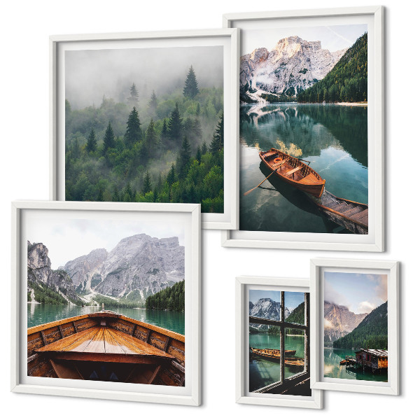Conjunto de 5 quadros decorativos barcos em lagos tranquilos nas montanhas
