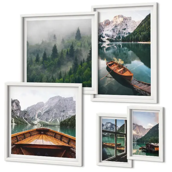 Conjunto de 5 quadros decorativos com paisagem de barcos em lagos tranquilos nas montanhas