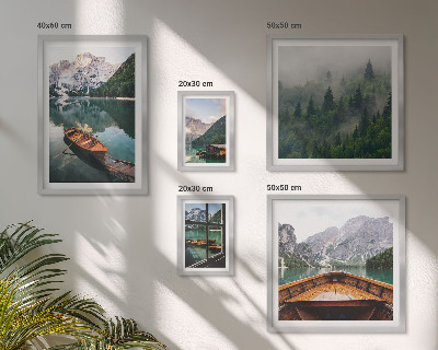 Conjunto de 5 quadros decorativos barcos em lagos tranquilos nas montanhas