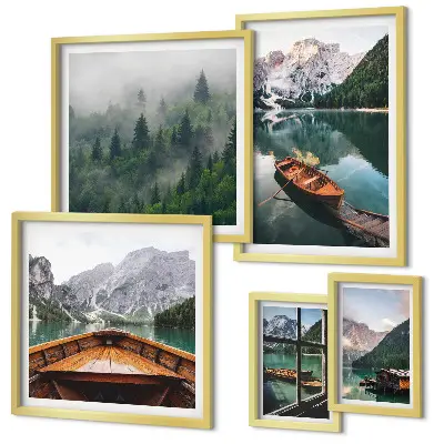 Conjunto de 5 quadros decorativos com paisagem de barcos em lagos tranquilos nas montanhas