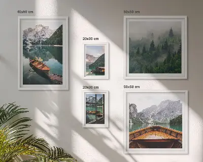 Conjunto de 5 quadros decorativos com paisagem de barcos em lagos tranquilos nas montanhas
