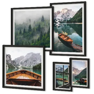Conjunto de 5 quadros decorativos com paisagem de barcos em lagos tranquilos nas montanhas