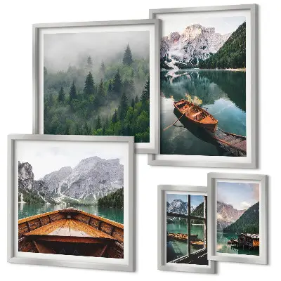 Conjunto de 5 quadros decorativos com paisagem de barcos em lagos tranquilos nas montanhas