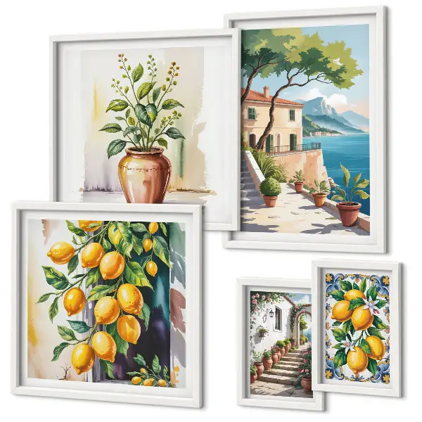 Conjunto de 5 quadros com moldura estampa de paisagens com laranjeiras e vegetação