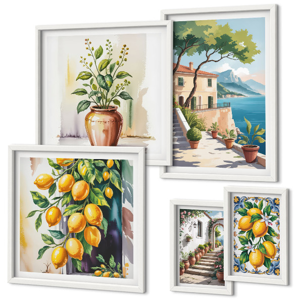 Conjunto de 5 quadros com moldura Paisagens com laranjeiras e vegetação