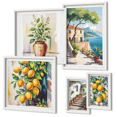 Conjunto de 5 quadros com moldura Paisagens com laranjeiras e vegetação