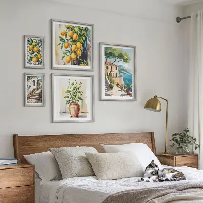Conjunto de 5 quadros com moldura estampa de paisagens com laranjeiras e vegetação