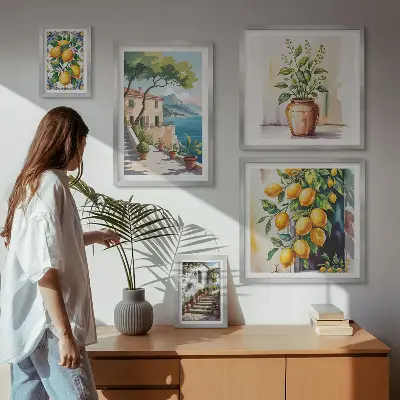 Conjunto de 5 quadros com moldura estampa de paisagens com laranjeiras e vegetação