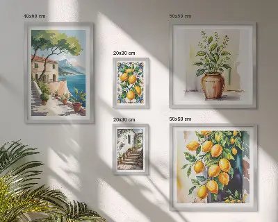 Conjunto de 5 quadros com moldura estampa de paisagens com laranjeiras e vegetação