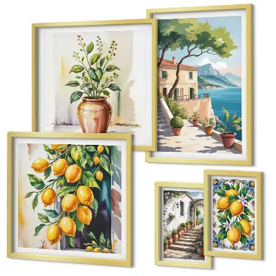 Conjunto de 5 quadros com moldura estampa de paisagens com laranjeiras e vegetação