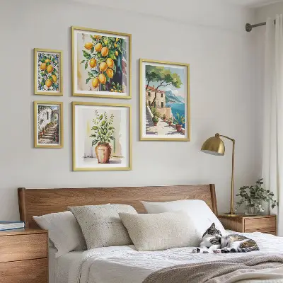 Conjunto de 5 quadros com moldura estampa de paisagens com laranjeiras e vegetação