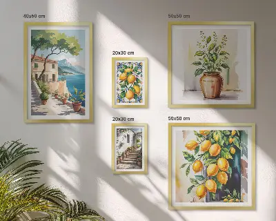 Conjunto de 5 quadros com moldura estampa de paisagens com laranjeiras e vegetação