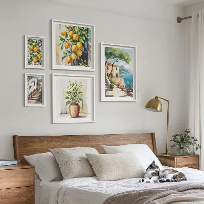 Conjunto de 5 quadros com moldura estampa de paisagens com laranjeiras e vegetação