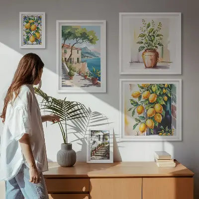 Conjunto de 5 quadros com moldura estampa de paisagens com laranjeiras e vegetação