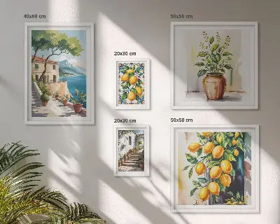 Conjunto de 5 quadros com moldura estampa de paisagens com laranjeiras e vegetação