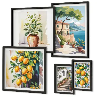 Conjunto de 5 quadros com moldura estampa de paisagens com laranjeiras e vegetação