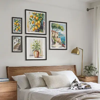 Conjunto de 5 quadros com moldura estampa de paisagens com laranjeiras e vegetação