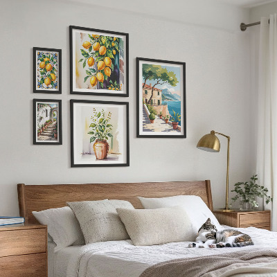 Conjunto de 5 quadros com moldura Paisagens com laranjeiras e vegetação