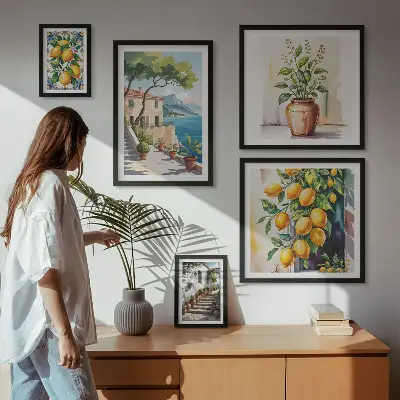 Conjunto de 5 quadros com moldura estampa de paisagens com laranjeiras e vegetação