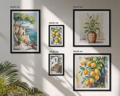 Conjunto de 5 quadros com moldura estampa de paisagens com laranjeiras e vegetação