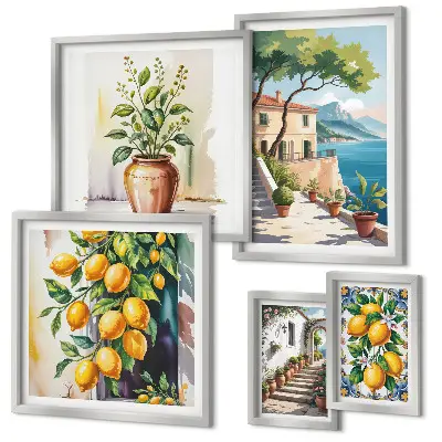Conjunto de 5 quadros com moldura estampa de paisagens com laranjeiras e vegetação