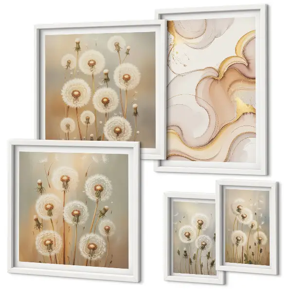 Conjunto de 5 quadros decorativos com motivos florais de natureza delicada