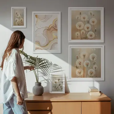 Conjunto de 5 quadros decorativos com motivos florais de natureza delicada