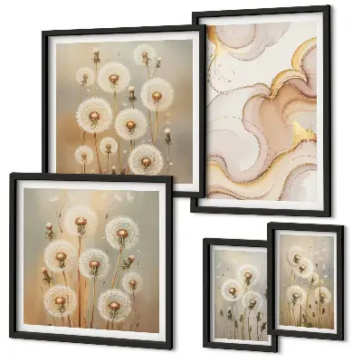 Conjunto de 5 quadros decorativos com motivos florais de natureza delicada