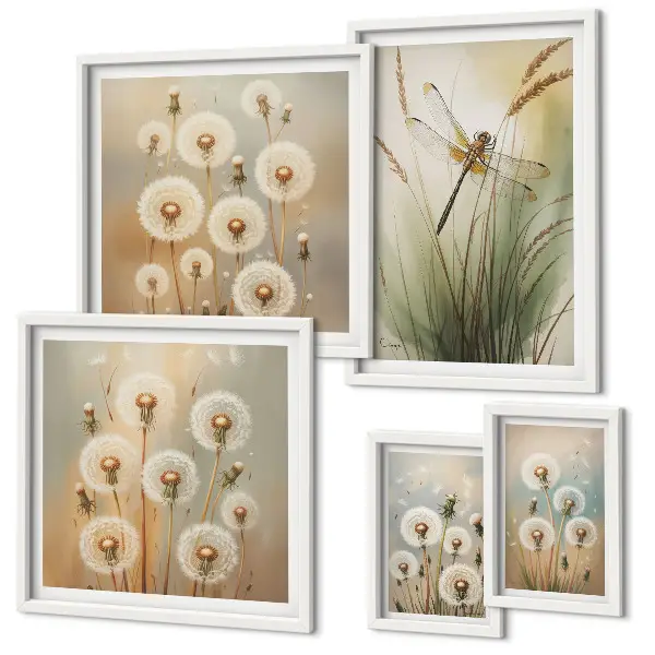 Galeria de parede com motivos florais de libélulas e dentes-de-leão
