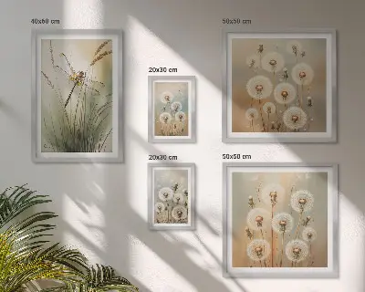 Galeria de parede com motivos florais de libélulas e dentes-de-leão