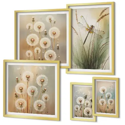 Galeria de parede com motivos florais de libélulas e dentes-de-leão
