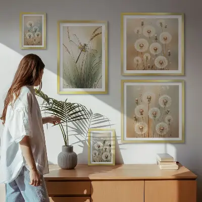 Galeria de parede com motivos florais de libélulas e dentes-de-leão