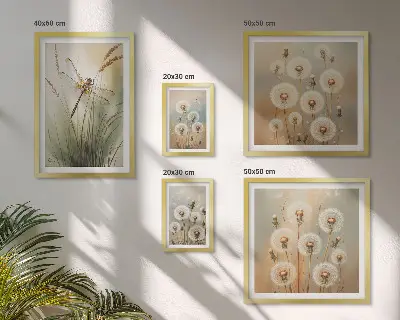 Galeria de parede com motivos florais de libélulas e dentes-de-leão
