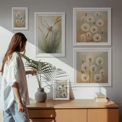 Galeria de parede com motivos florais de libélulas e dentes-de-leão