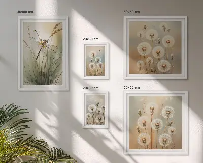Galeria de parede com motivos florais de libélulas e dentes-de-leão