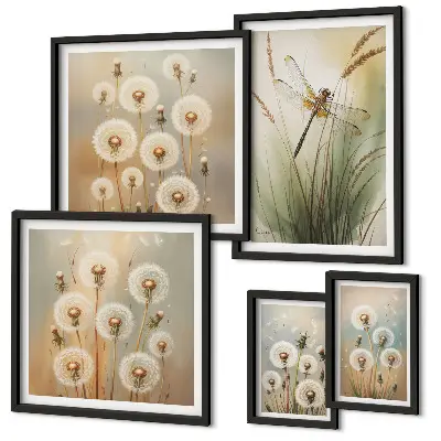 Galeria de parede com motivos florais de libélulas e dentes-de-leão