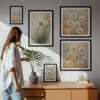 Galeria de parede com motivos florais de libélulas e dentes-de-leão
