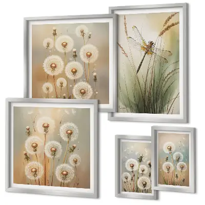 Galeria de parede com motivos florais de libélulas e dentes-de-leão